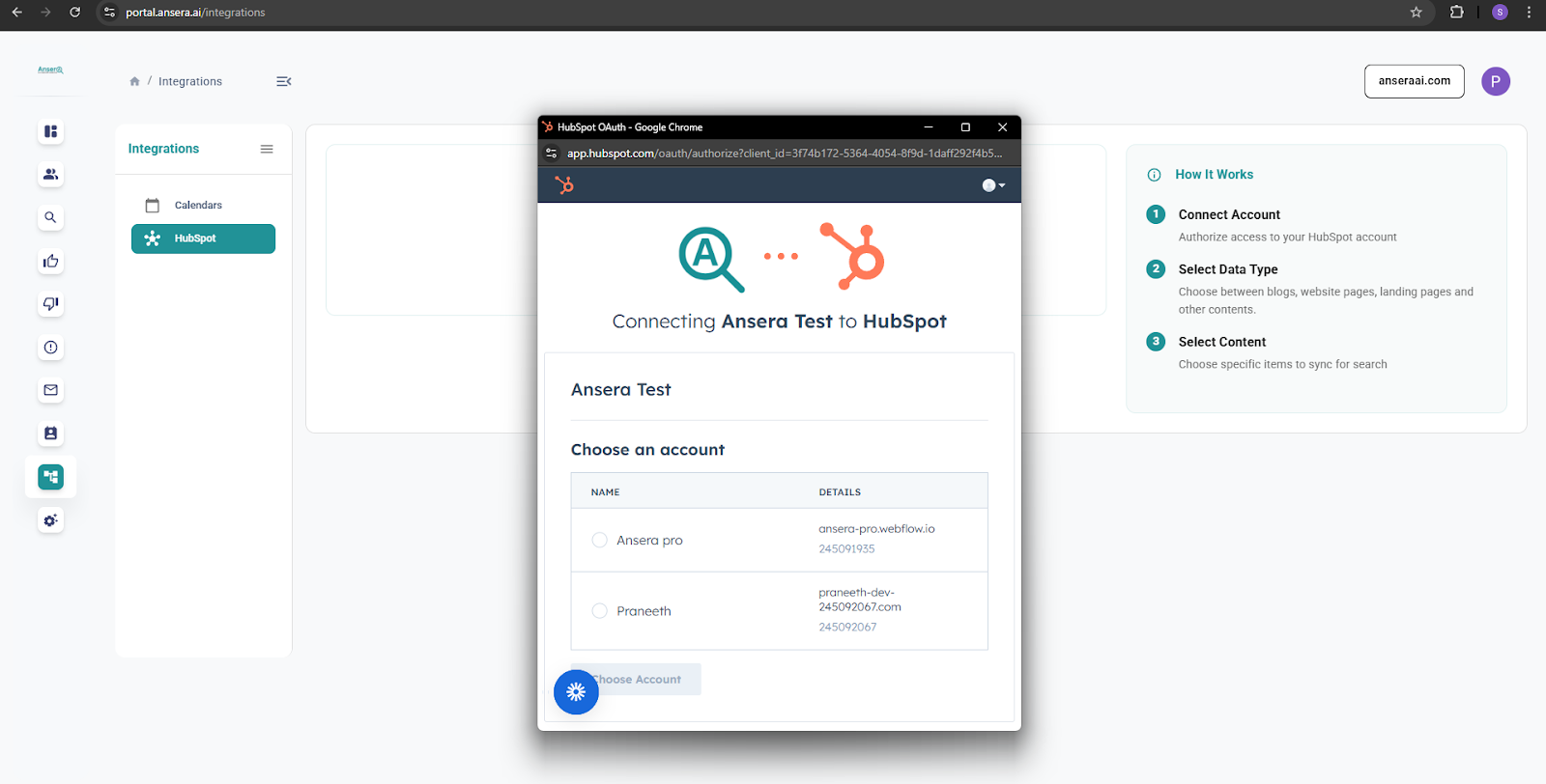 HubSpot OAuth Screen